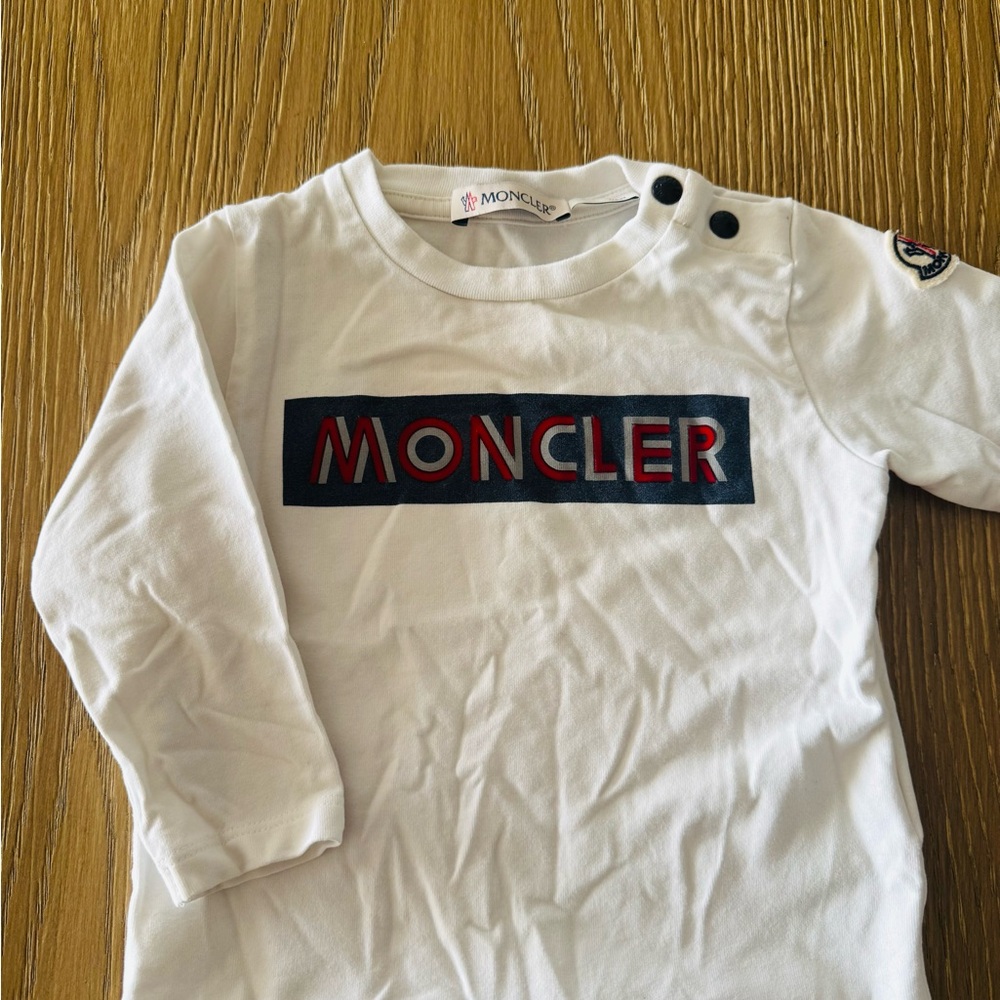 Moncler Kids White Long Sleeve Tee with Logo
